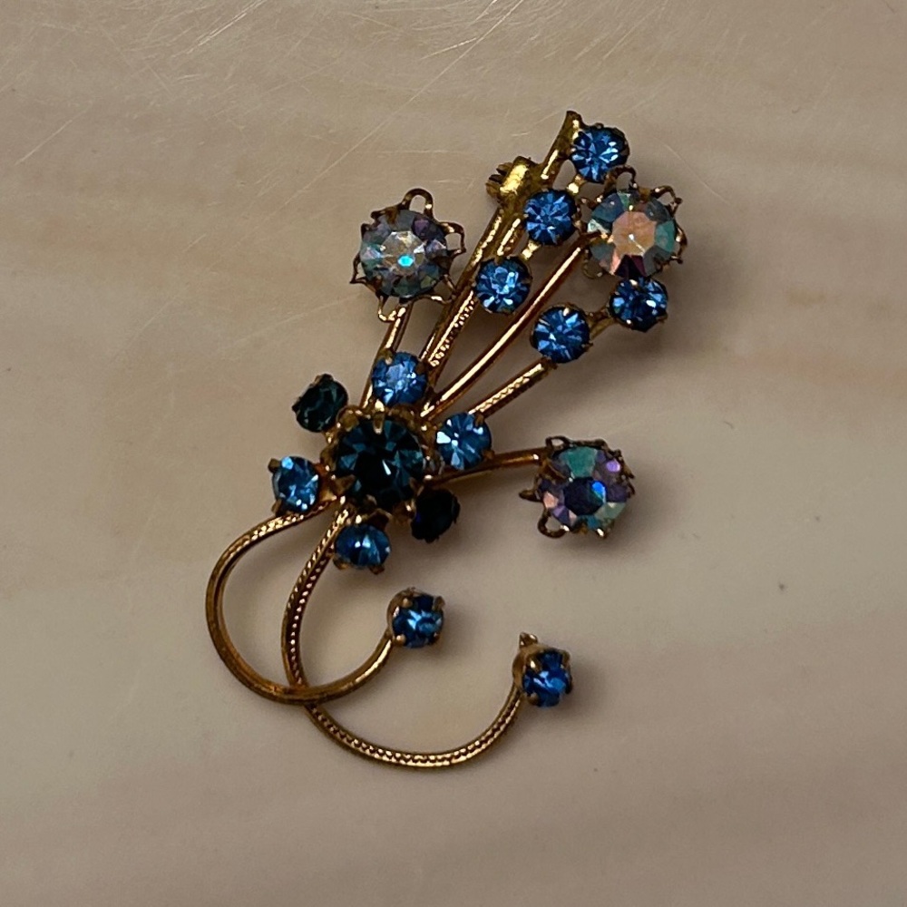Signed Austria Blue Crystal Brooch Vintage